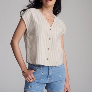 V-NECK SHORT SLEEVE BUTTON SHIRT IN BLACK STRIPE